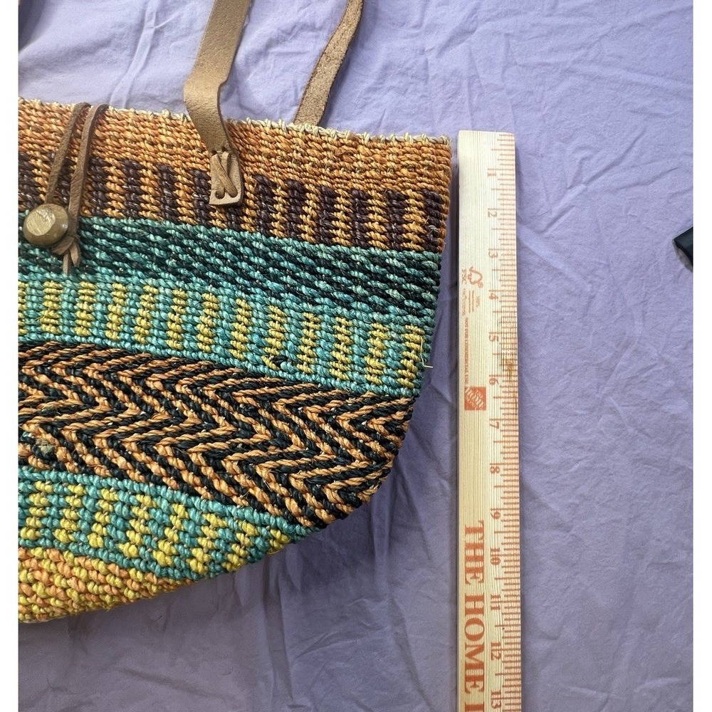 Woven Straw Tote Bag Multi Color Striped Boho Shoulder Bag Leather Straps Large - Picture 4 of 8